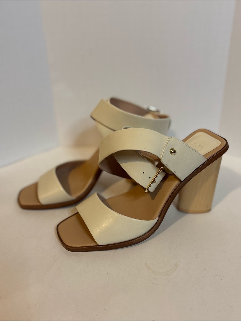 Cream Leather Cross-Strap Block Heel Sandals for Women